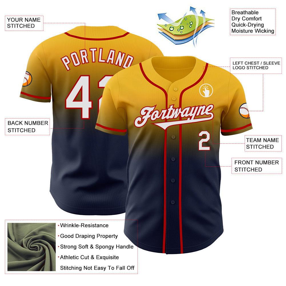 Custom Gold Navy-Red Authentic Fade Fashion Baseball Jersey