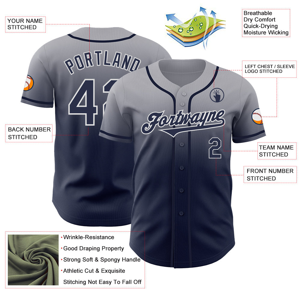 Custom Gray Navy-White Authentic Fade Fashion Baseball Jersey