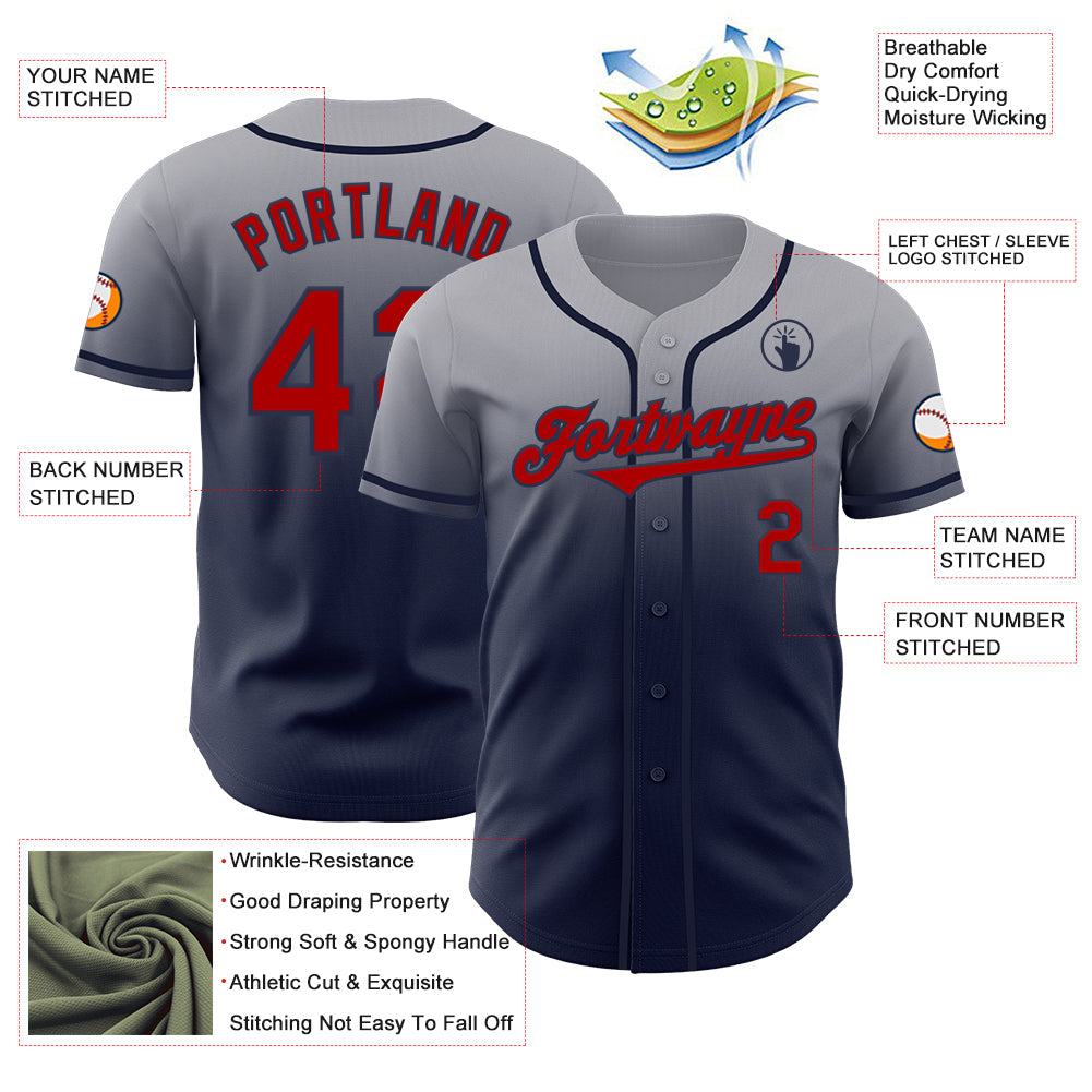 Custom Gray Red-Navy Authentic Fade Fashion Baseball Jersey