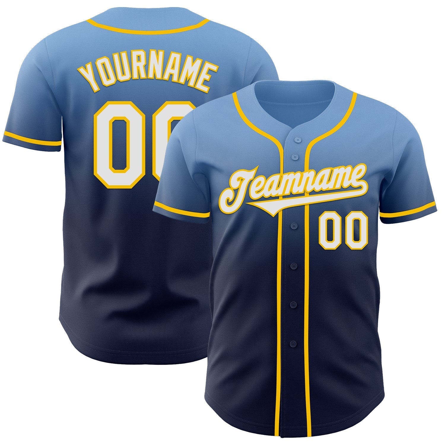 Custom Light Blue Navy-Yellow Authentic Fade Fashion Baseball Jersey