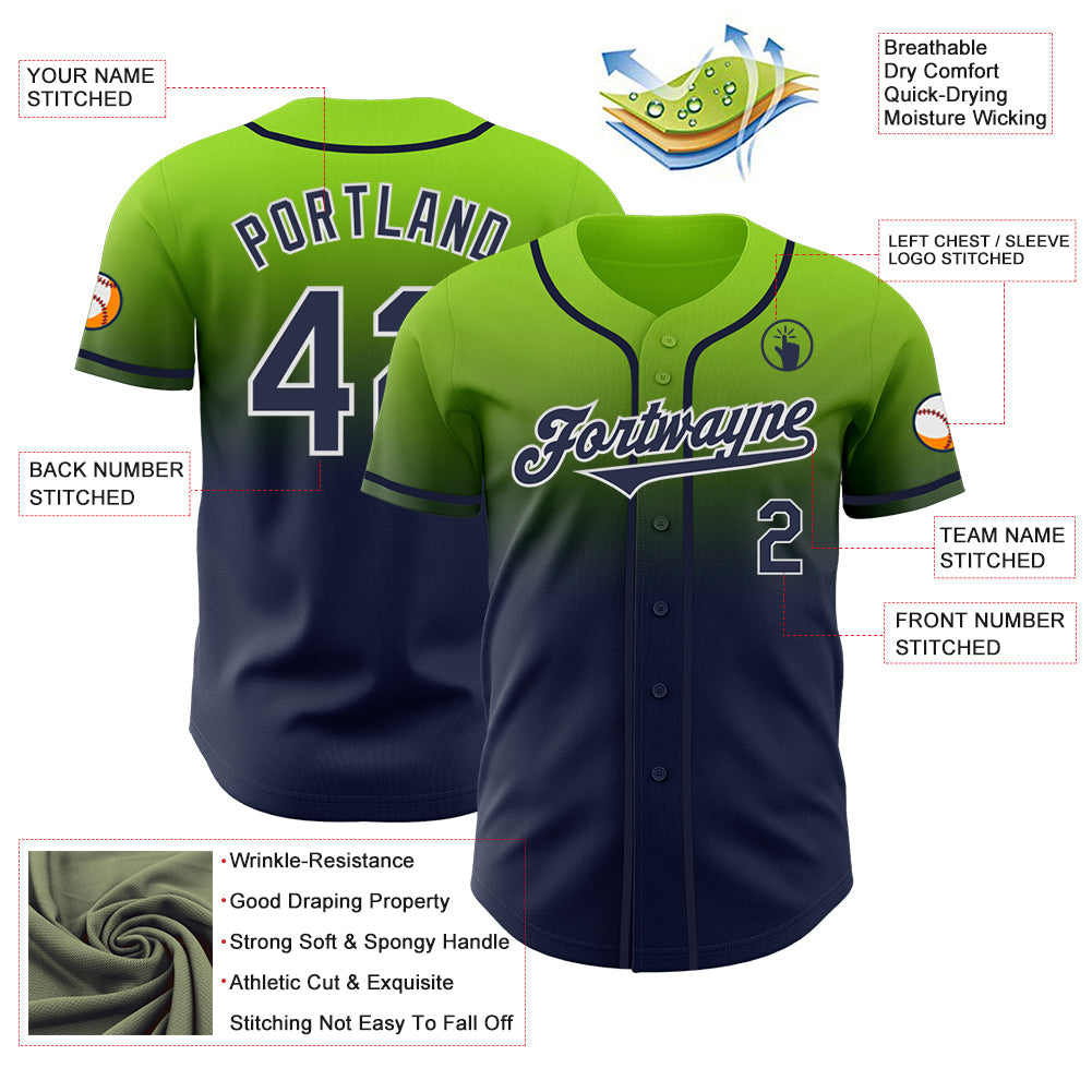 Custom Neon Green Navy-White Authentic Fade Fashion Baseball Jersey