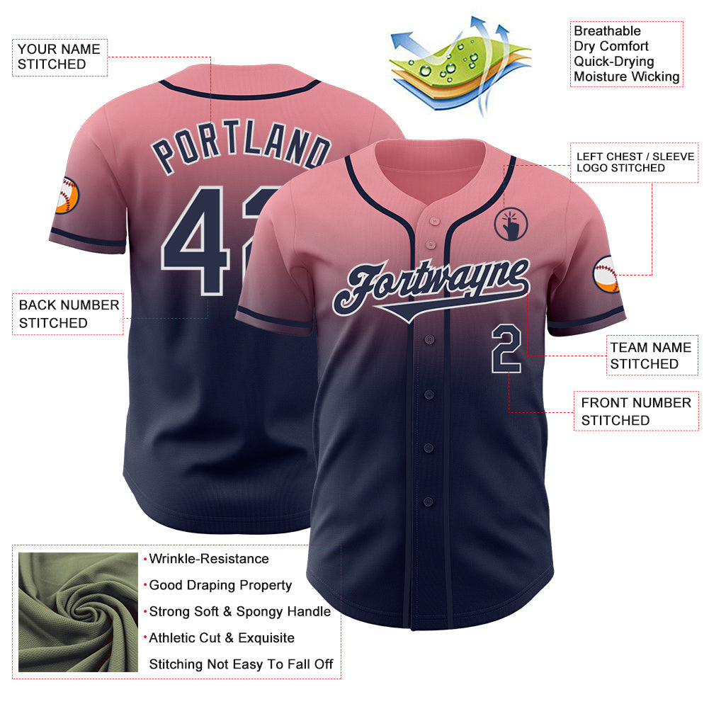 Custom Medium Pink Navy-White Authentic Fade Fashion Baseball Jersey