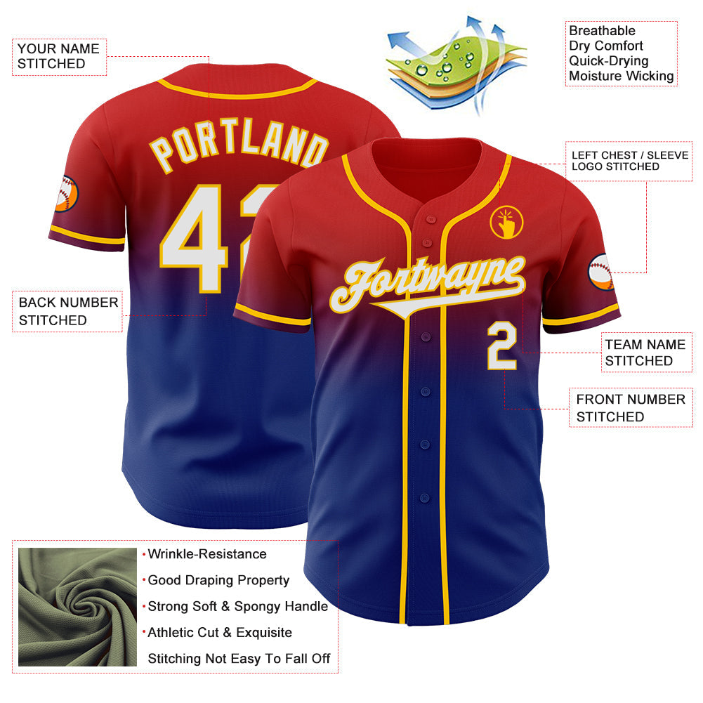 Custom Red White Royal-Yellow Authentic Fade Fashion Baseball Jersey