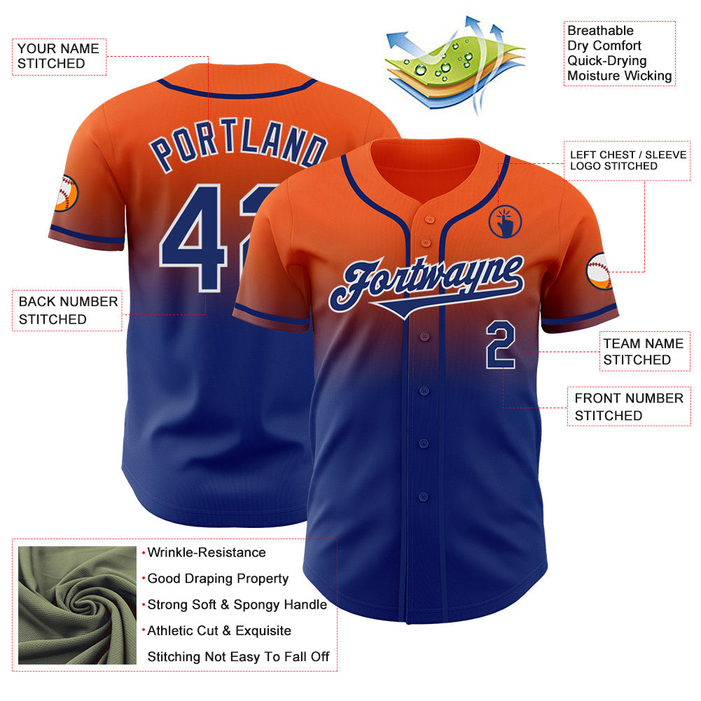 Custom Orange Royal-White Authentic Fade Fashion Baseball Jersey