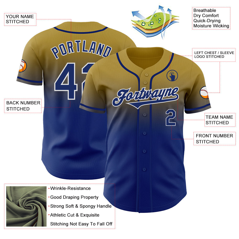 Custom Old Gold Royal-White Authentic Fade Fashion Baseball Jersey
