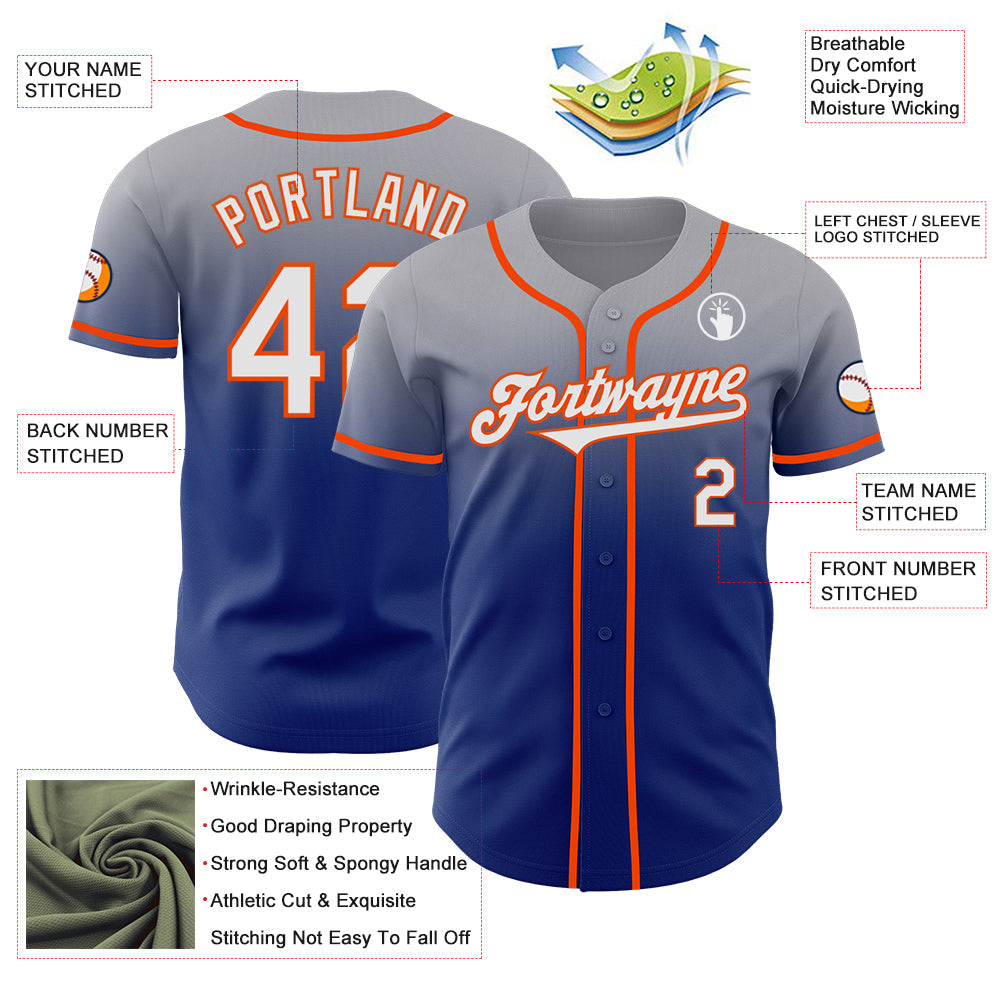 Custom Gray White Royal-Orange Authentic Fade Fashion Baseball Jersey