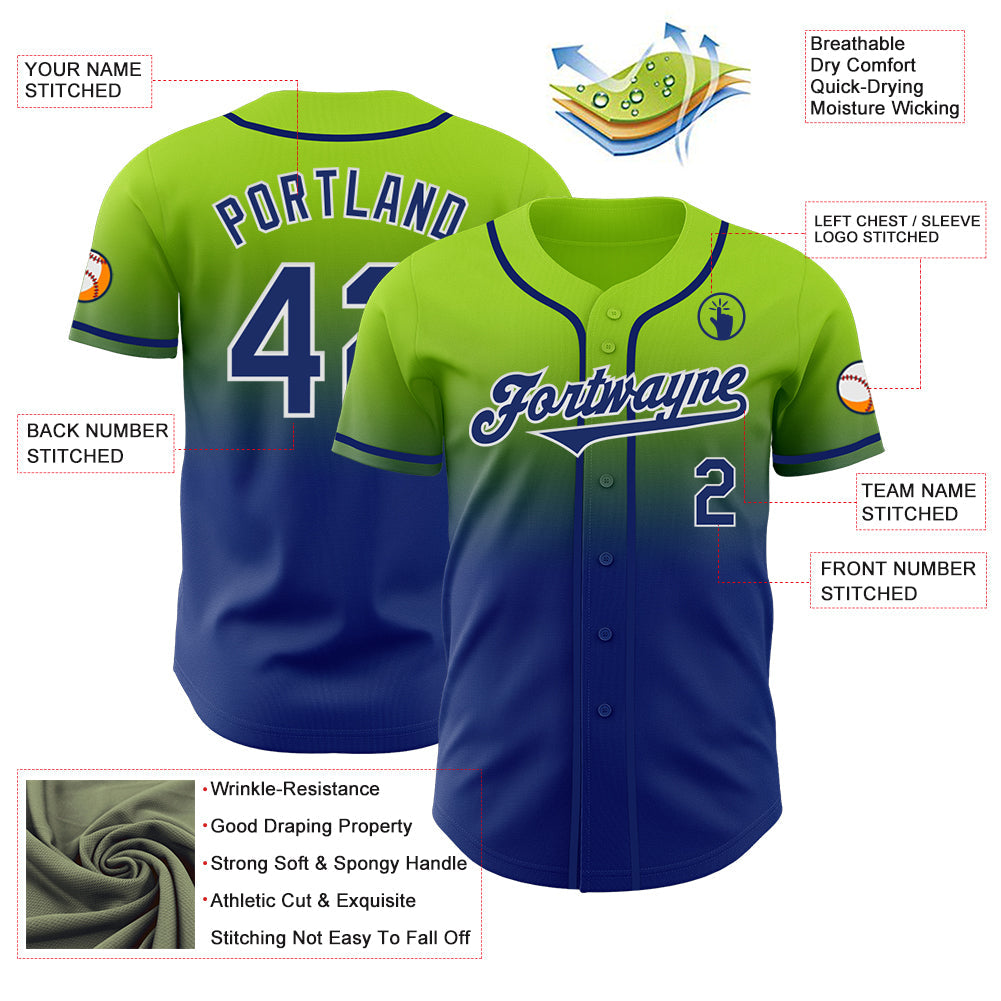 Custom Neon Green Royal-White Authentic Fade Fashion Baseball Jersey