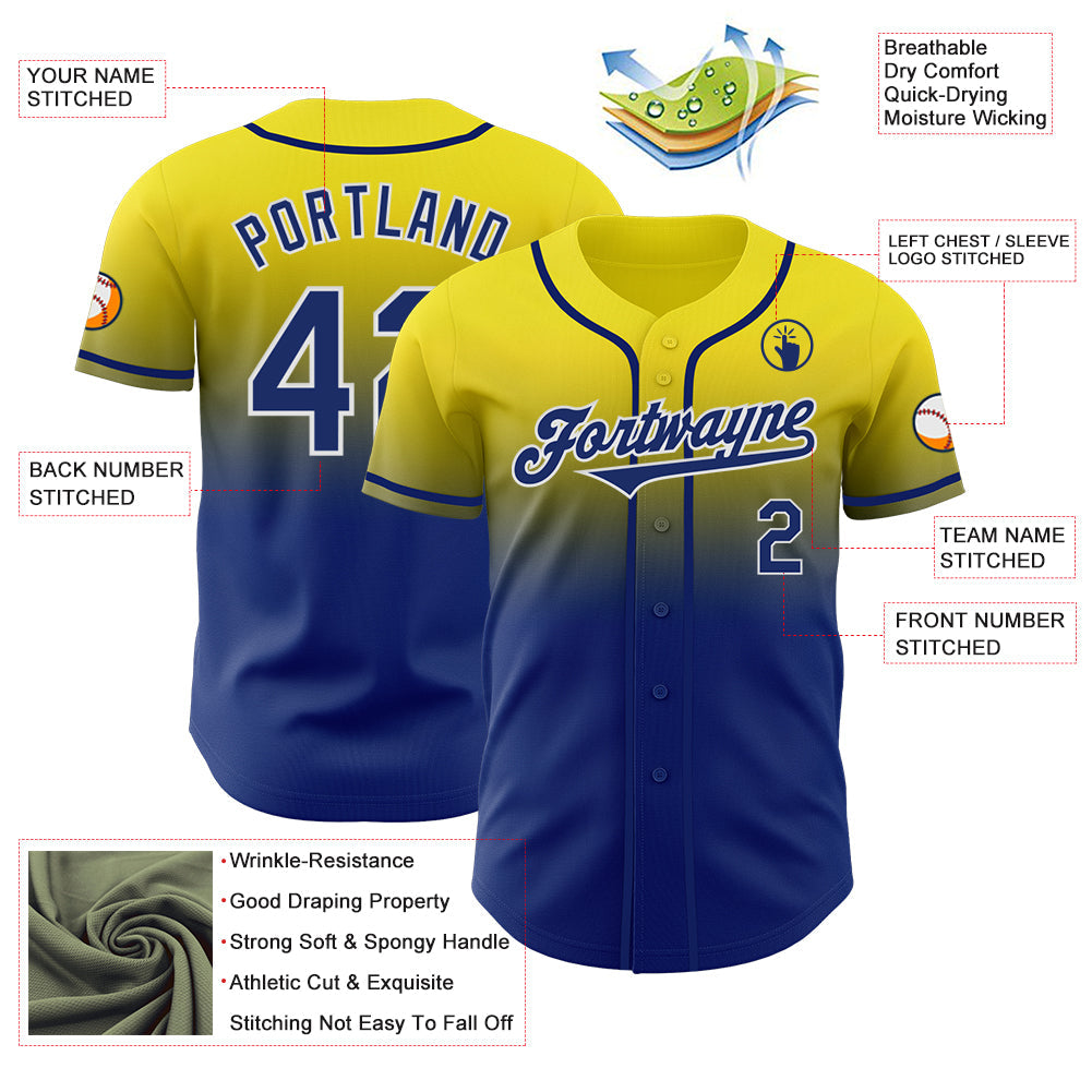 Custom Light Yellow Royal-White Authentic Fade Fashion Baseball Jersey