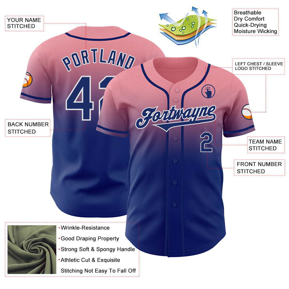 Custom Medium Pink Royal-White Authentic Fade Fashion Baseball Jersey