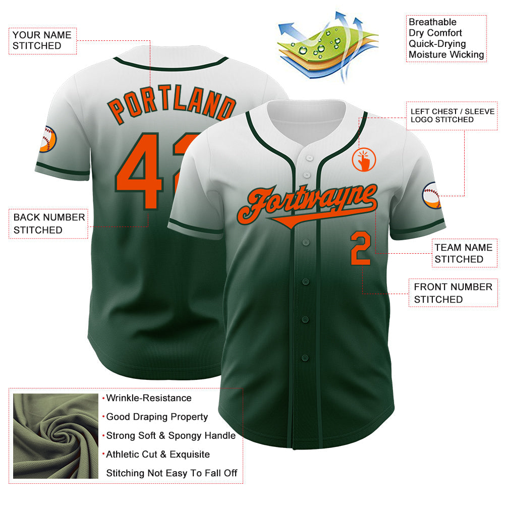 Custom White Orange-Green Authentic Fade Fashion Baseball Jersey