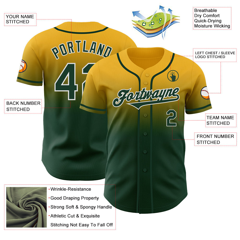 Custom Gold Green-White Authentic Fade Fashion Baseball Jersey
