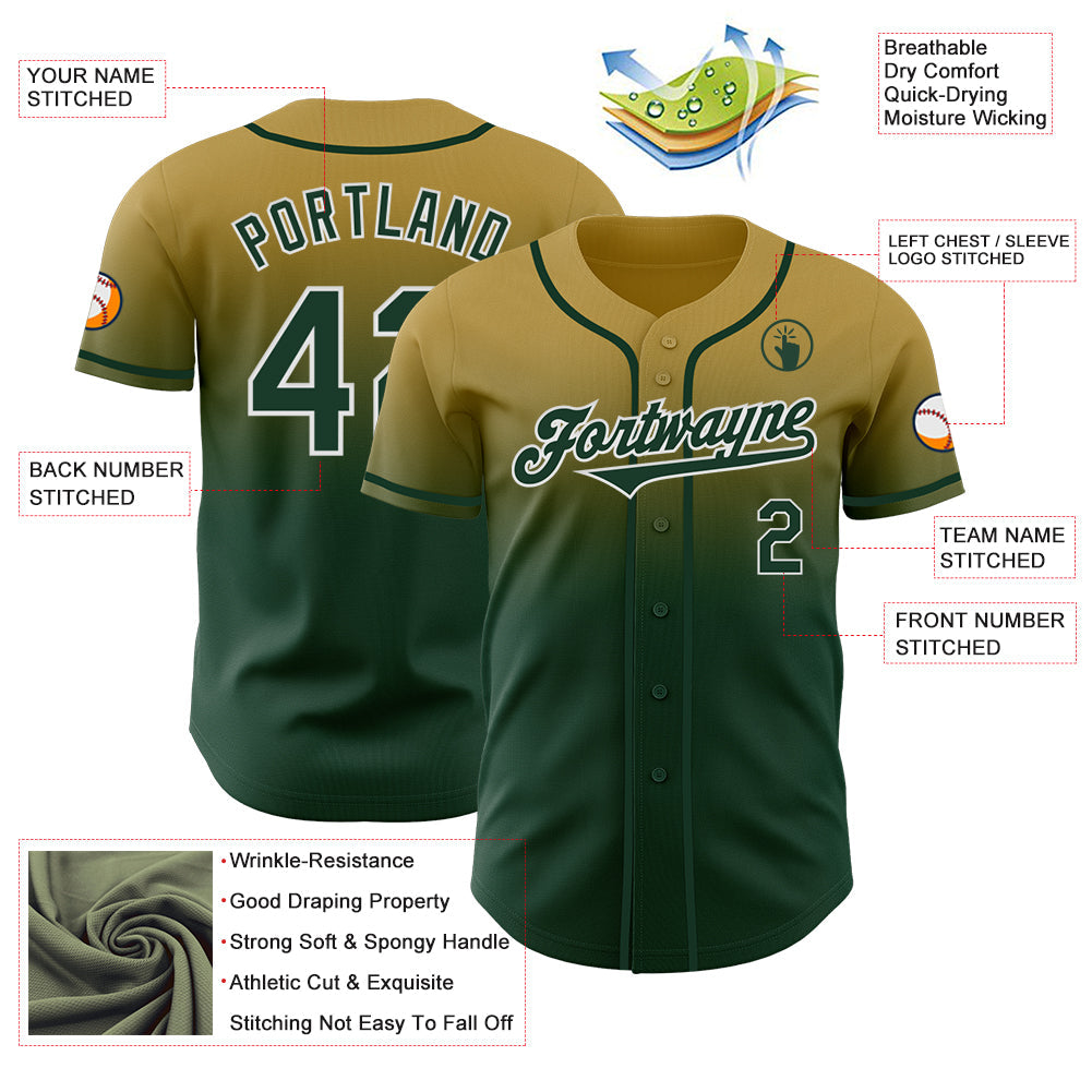 Custom Old Gold Green-White Authentic Fade Fashion Baseball Jersey