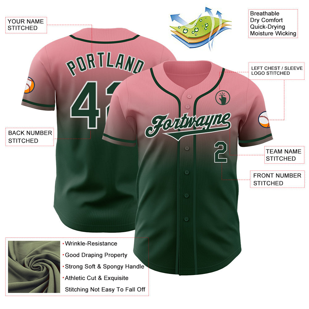Custom Medium Pink Green-White Authentic Fade Fashion Baseball Jersey