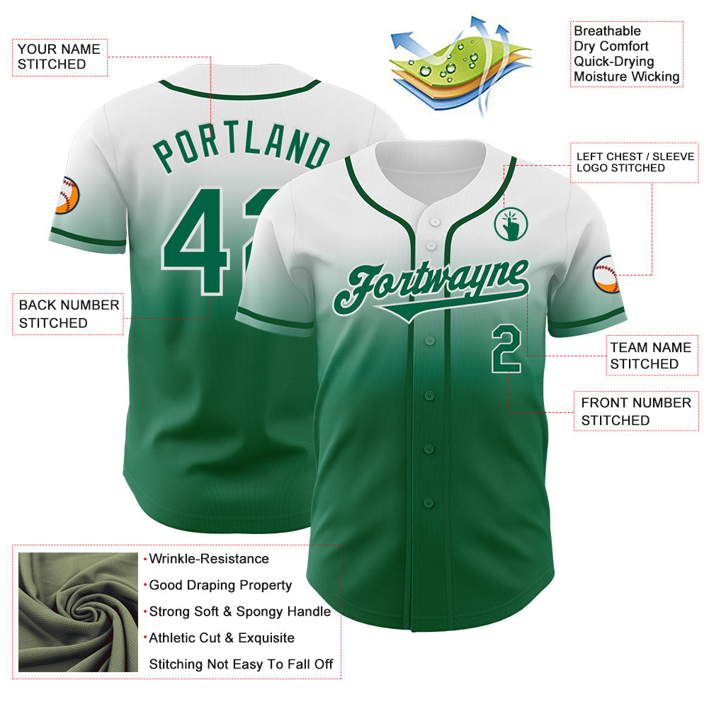 Custom White Kelly Green Authentic Fade Fashion Baseball Jersey