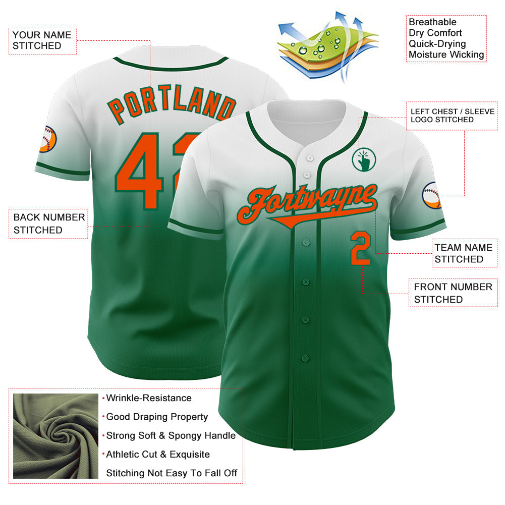 Custom White Orange-Kelly Green Authentic Fade Fashion Baseball Jersey