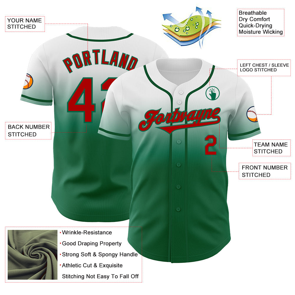 Custom White Red-Kelly Green Authentic Fade Fashion Baseball Jersey