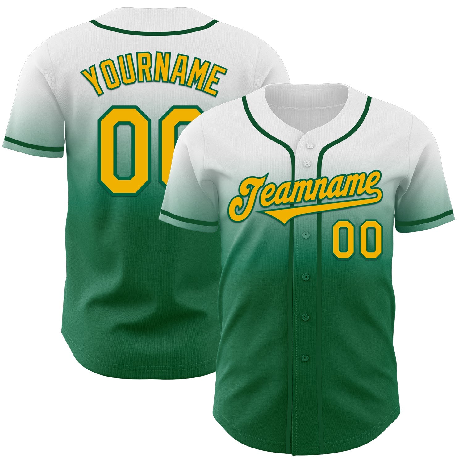 Custom White Gold-Kelly Green Authentic Fade Fashion Baseball Jersey