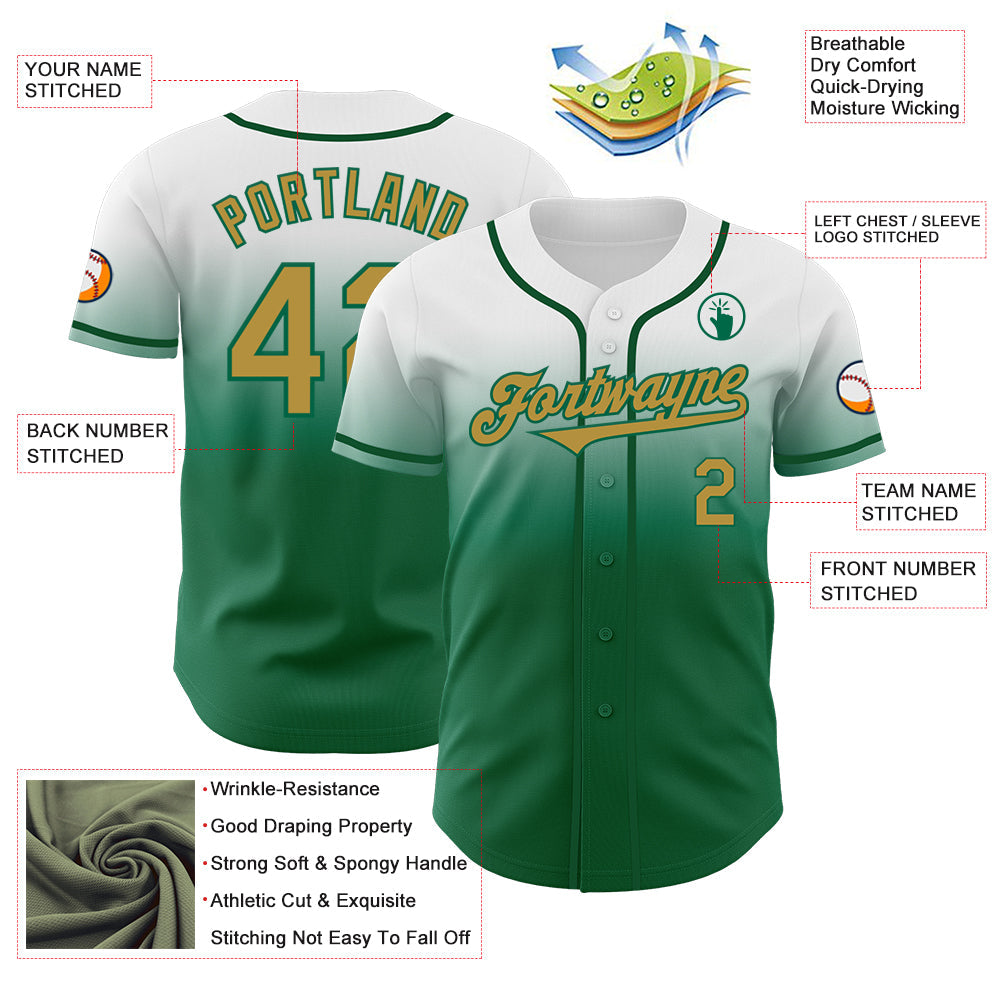Custom White Old Gold-Kelly Green Authentic Fade Fashion Baseball Jersey
