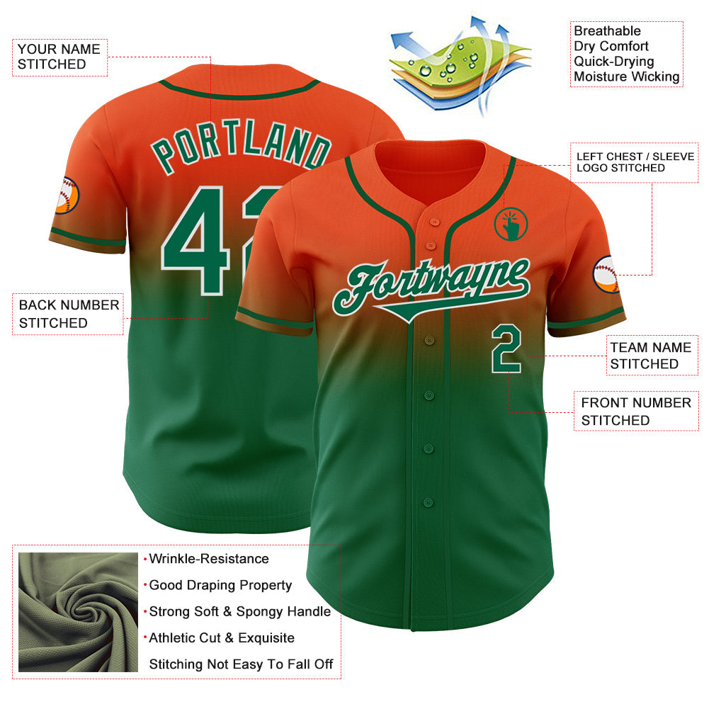Custom Orange Kelly Green-White Authentic Fade Fashion Baseball Jersey