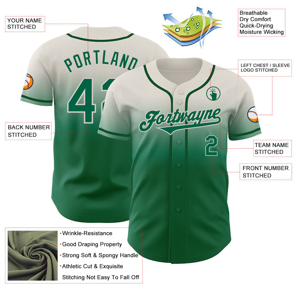 Custom Cream Kelly Green Authentic Fade Fashion Baseball Jersey
