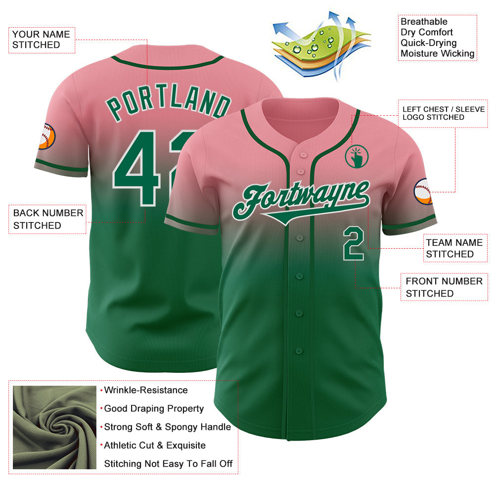 Custom Medium Pink Kelly Green-White Authentic Fade Fashion Baseball Jersey