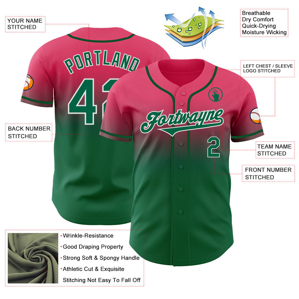 Custom Neon Pink Kelly Green-White Authentic Fade Fashion Baseball Jersey