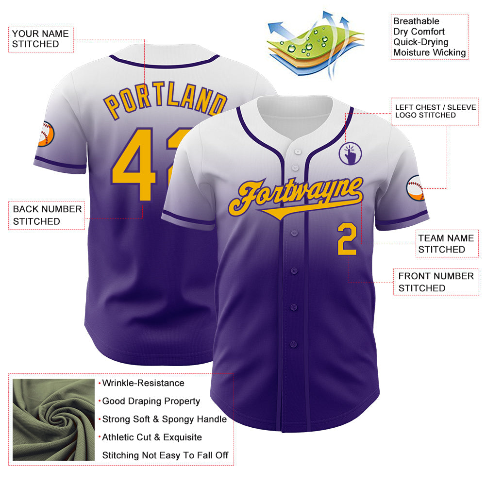 Custom White Gold-Purple Authentic Fade Fashion Baseball Jersey