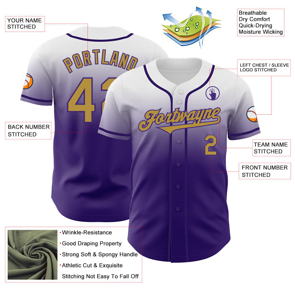 Custom White Old Gold-Purple Authentic Fade Fashion Baseball Jersey