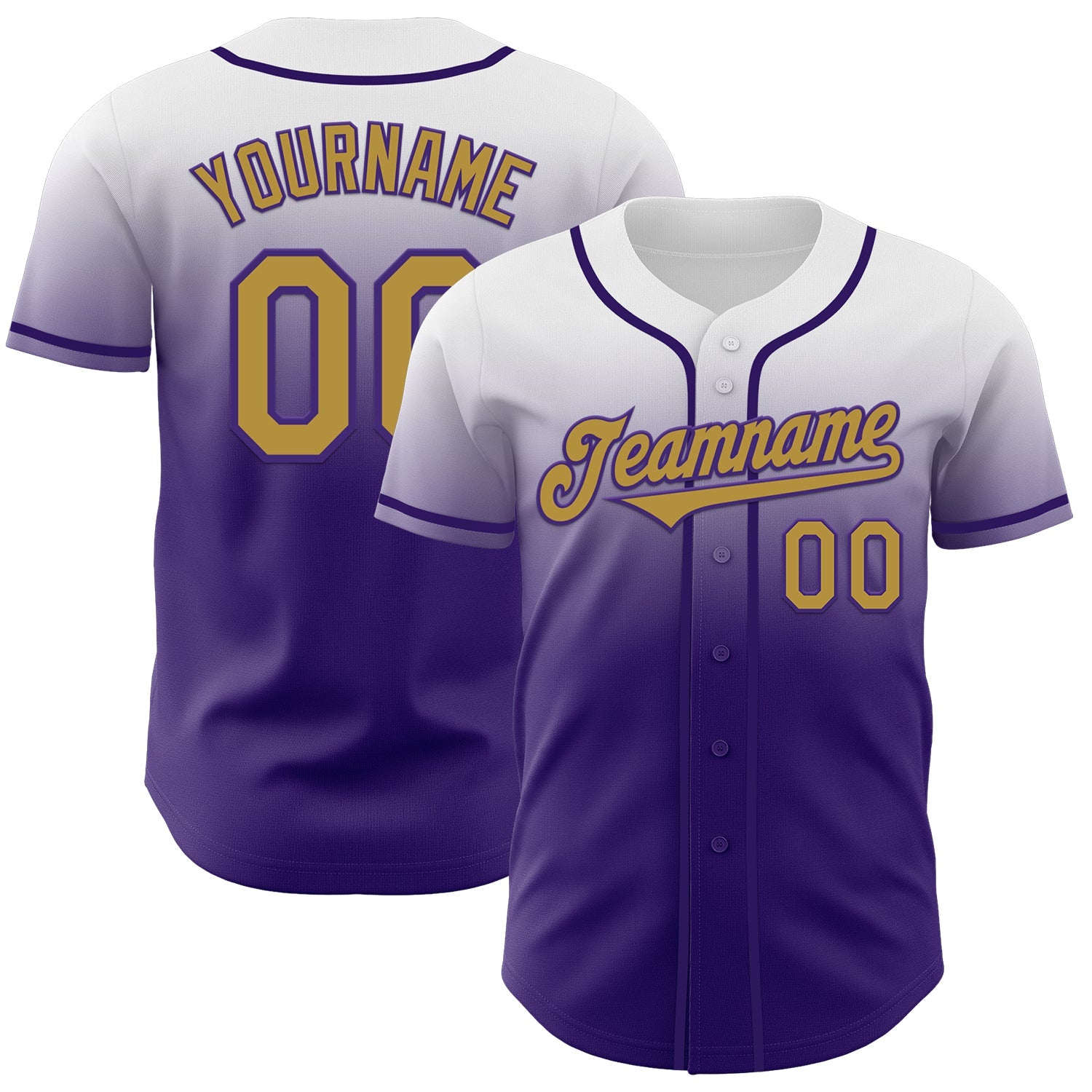Custom White Old Gold-Purple Authentic Fade Fashion Baseball Jersey