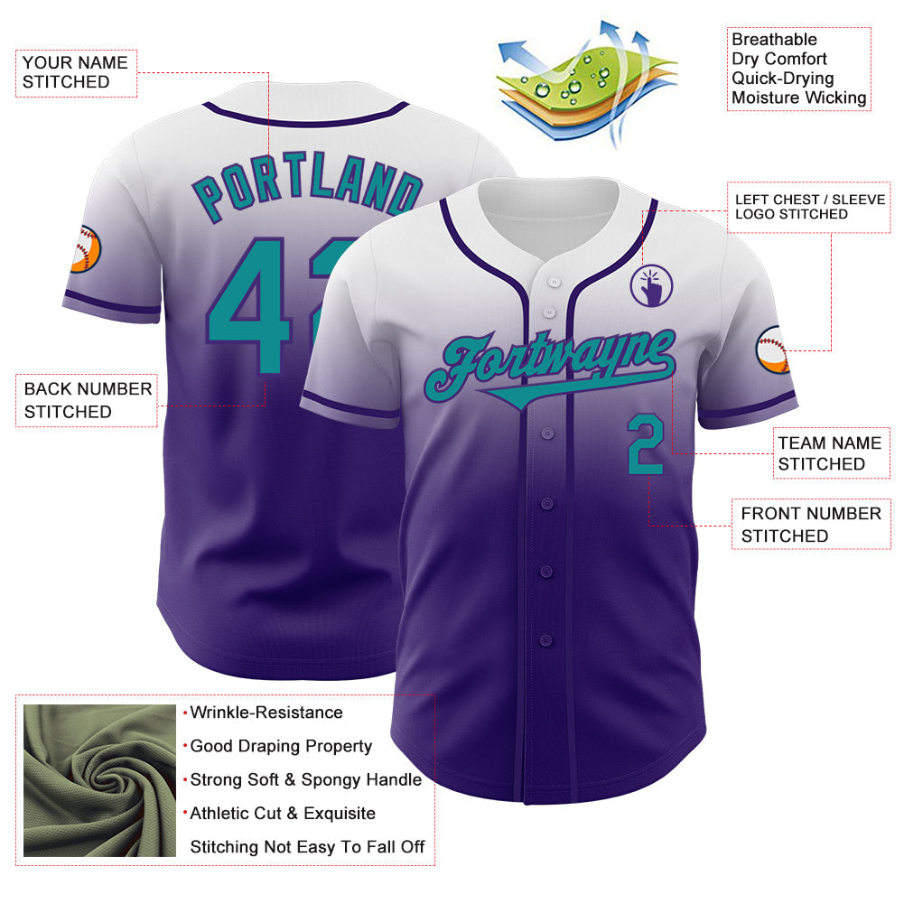 Custom White Teal-Purple Authentic Fade Fashion Baseball Jersey