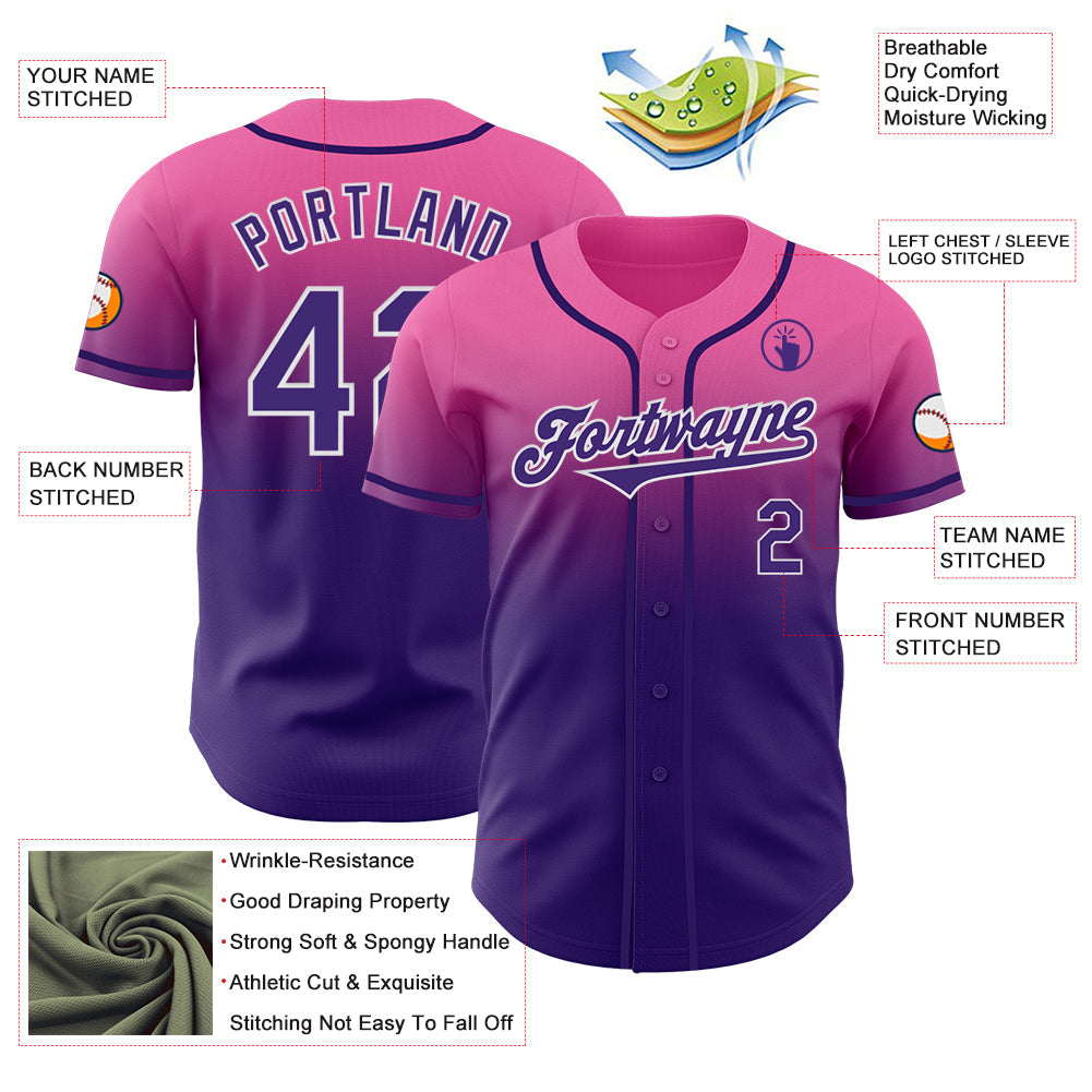 Custom Pink Purple-White Authentic Fade Fashion Baseball Jersey