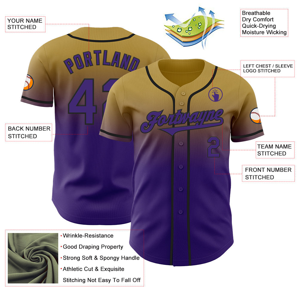 Custom Old Gold Purple-Black Authentic Fade Fashion Baseball Jersey