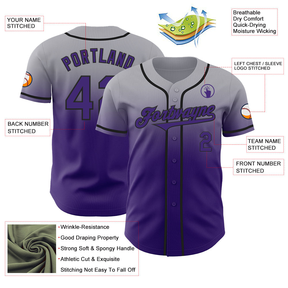 Custom Gray Purple-Black Authentic Fade Fashion Baseball Jersey