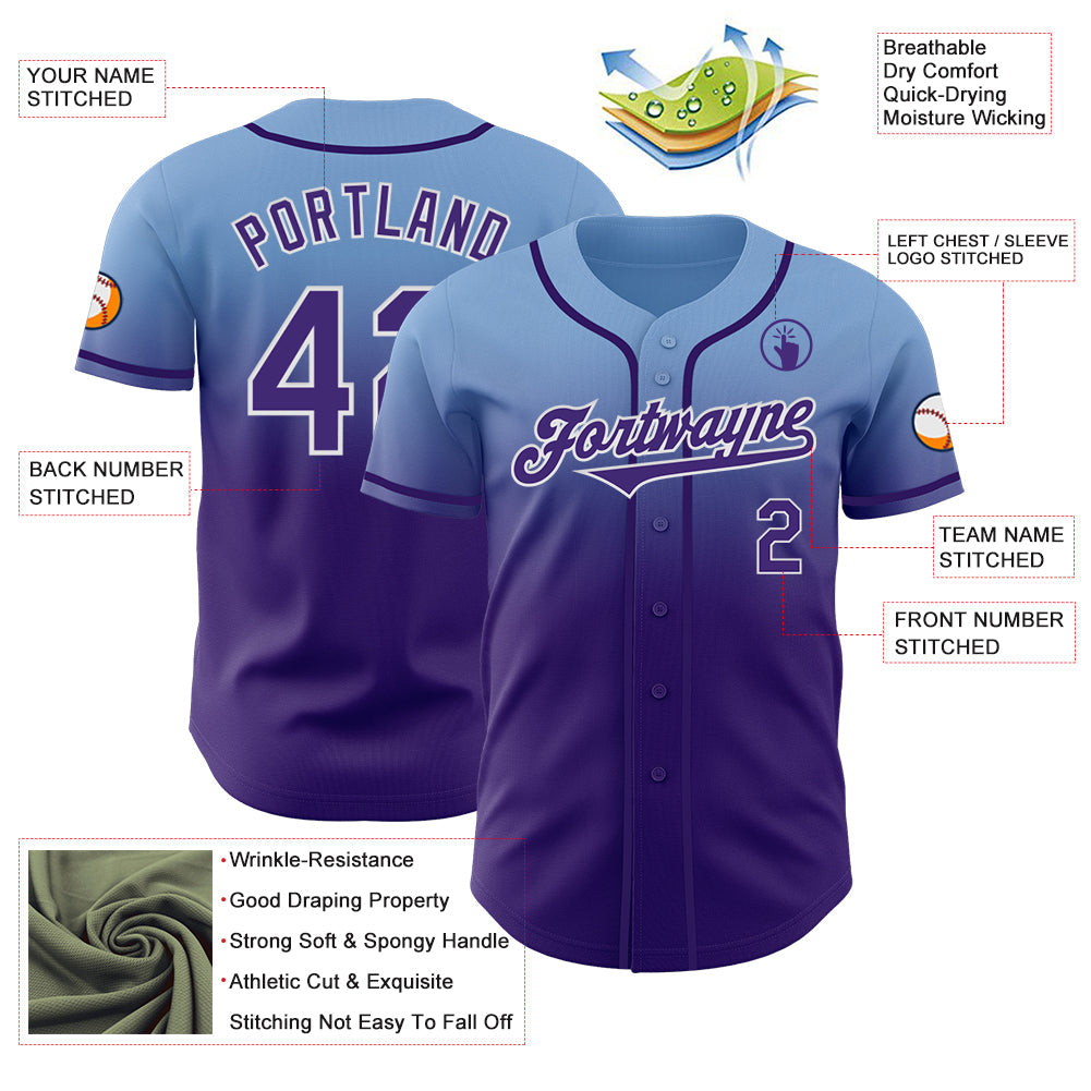 Custom Light Blue Purple-White Authentic Fade Fashion Baseball Jersey