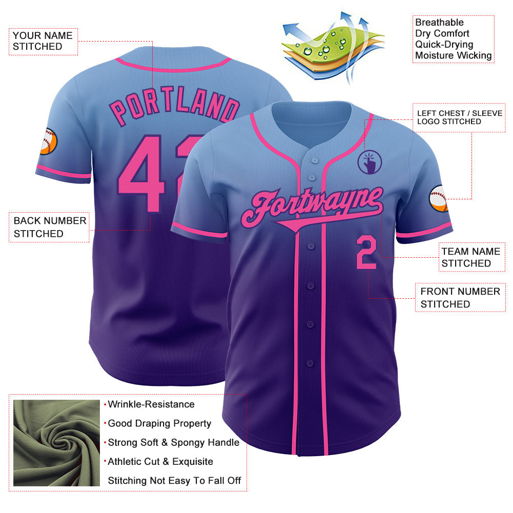 Custom Light Blue Pink-Purple Authentic Fade Fashion Baseball Jersey