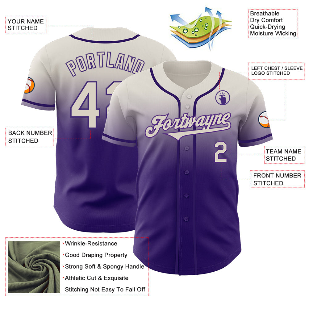Custom Cream Purple Authentic Fade Fashion Baseball Jersey