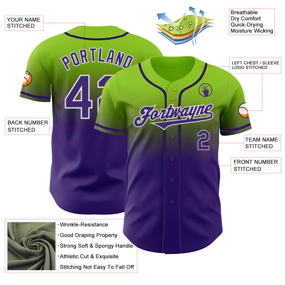 Custom Neon Green Purple-White Authentic Fade Fashion Baseball Jersey