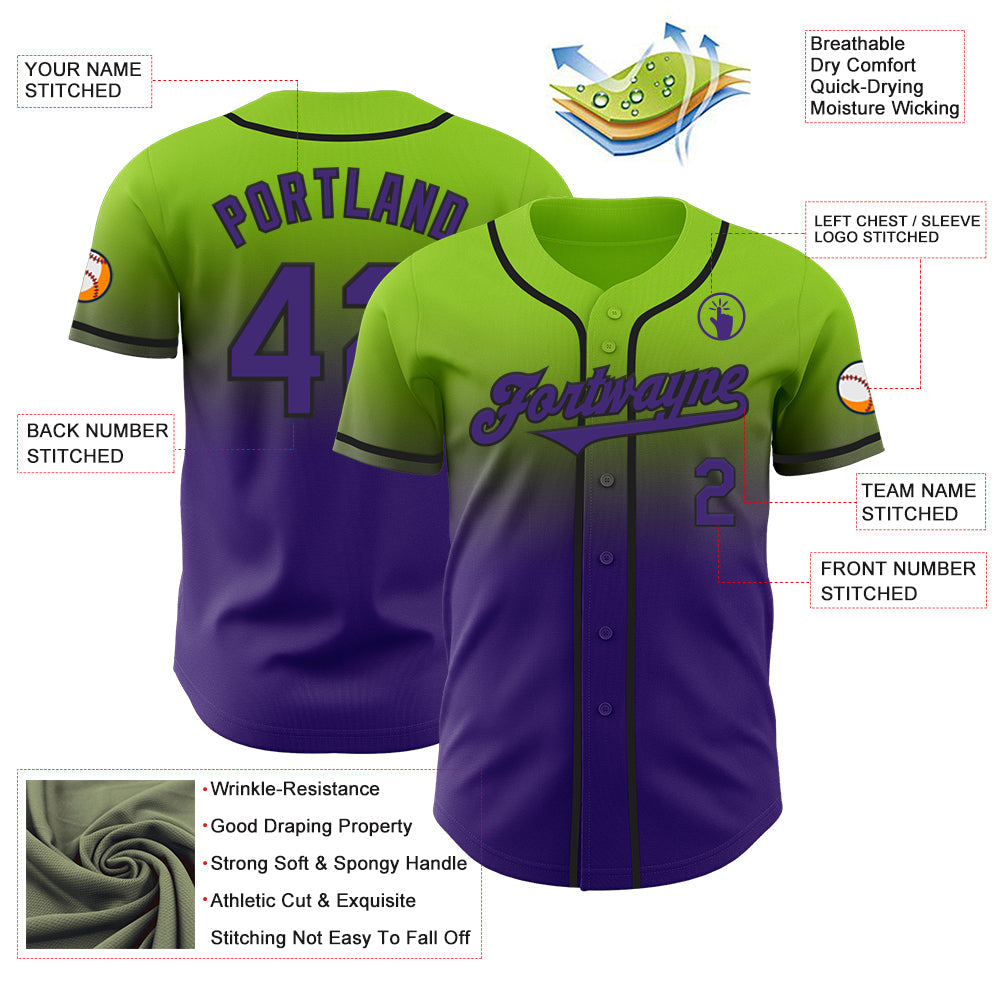 Custom Neon Green Purple-Black Authentic Fade Fashion Baseball Jersey