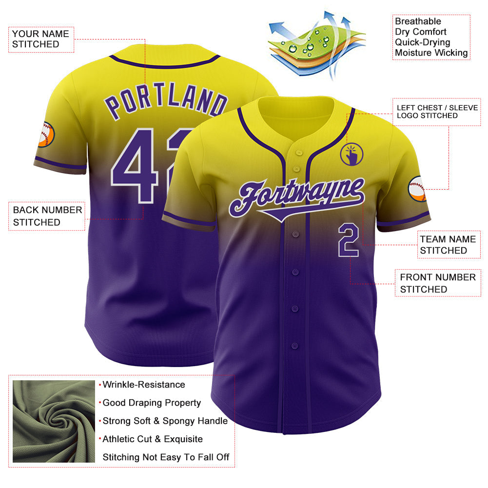 Custom Light Yellow Purple-White Authentic Fade Fashion Baseball Jersey