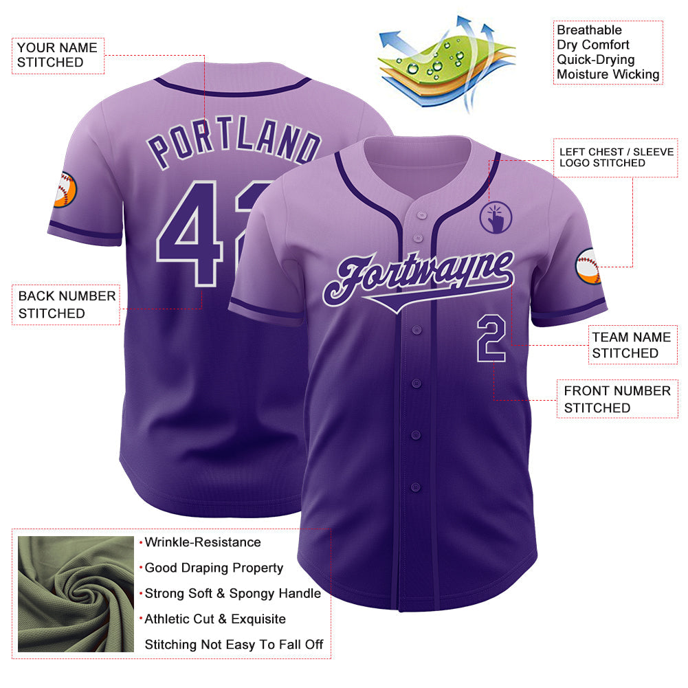 Custom Light Purple Purple-White Authentic Fade Fashion Baseball Jersey