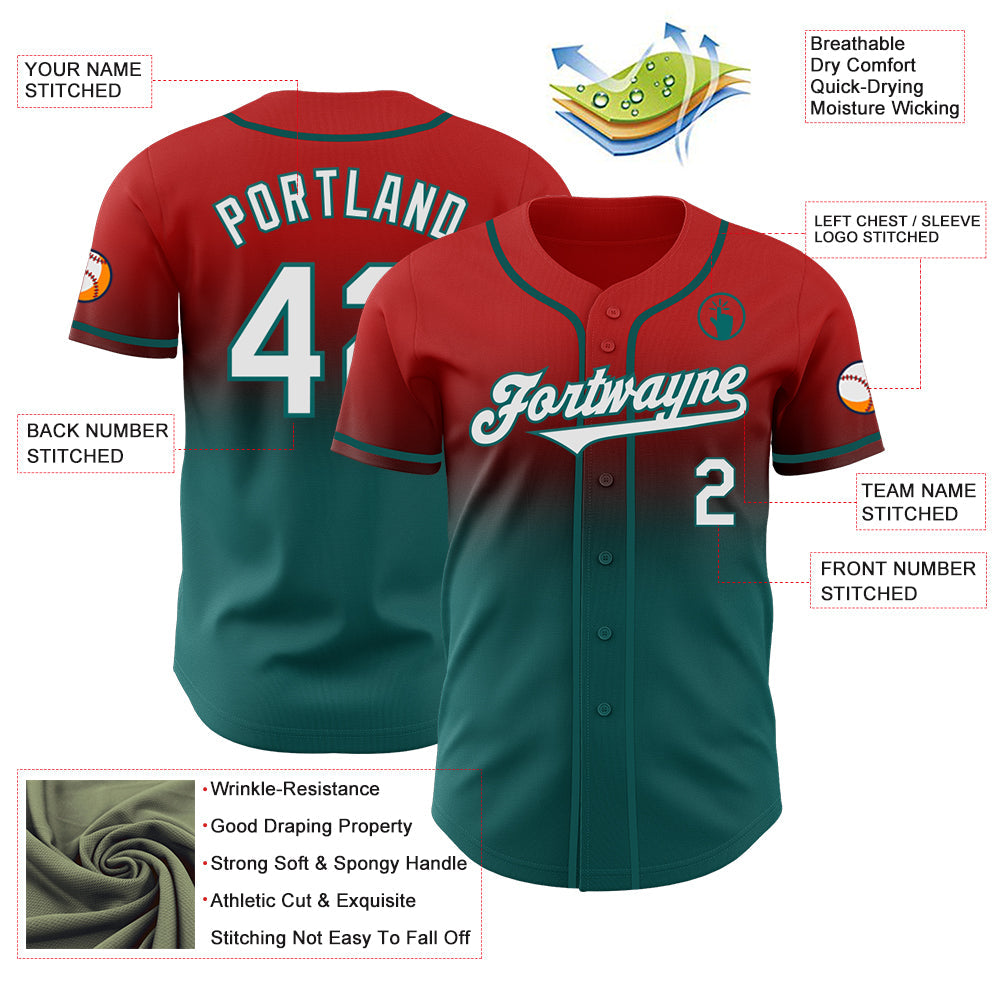 Custom Red White-Teal Authentic Fade Fashion Baseball Jersey