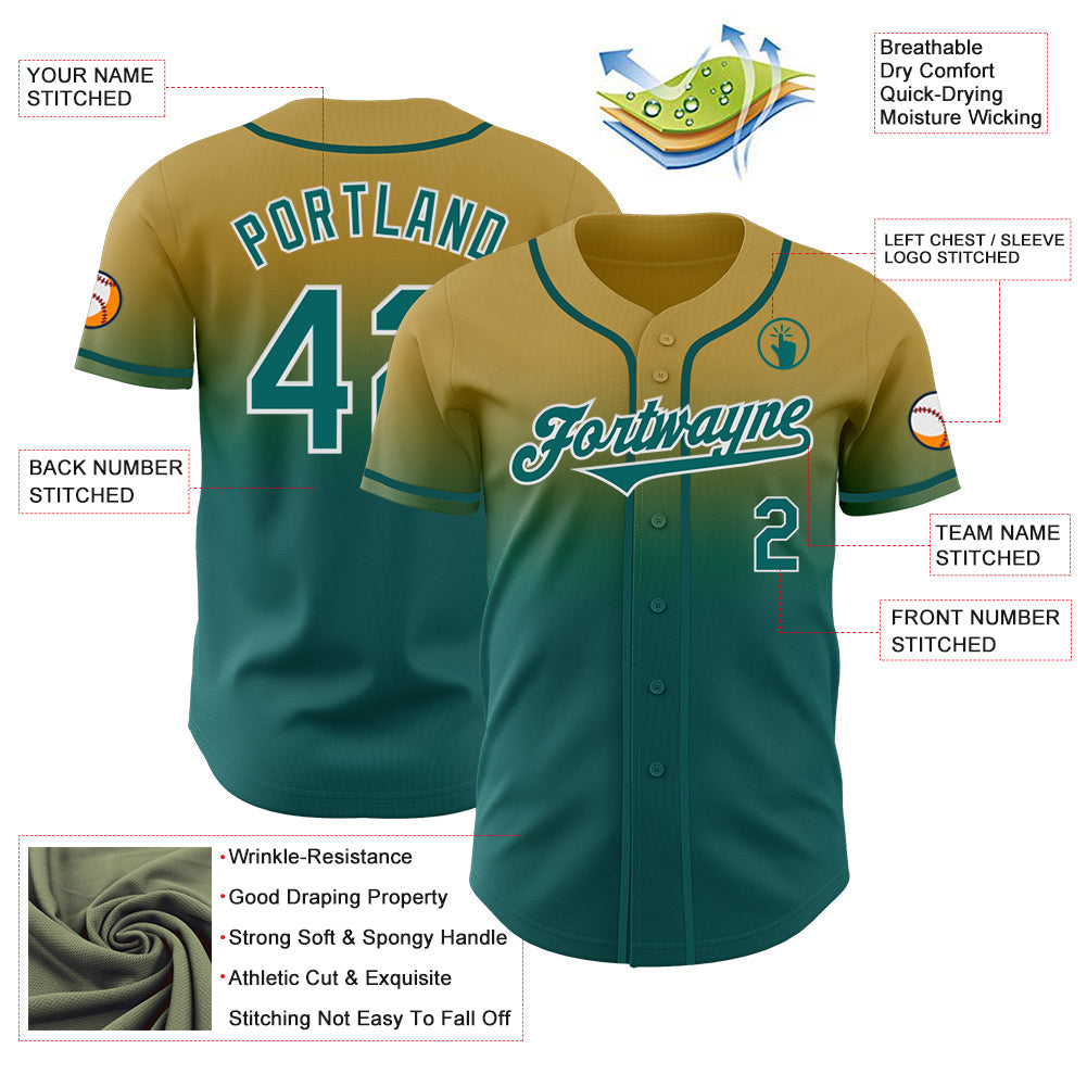 Custom Old Gold Teal-White Authentic Fade Fashion Baseball Jersey