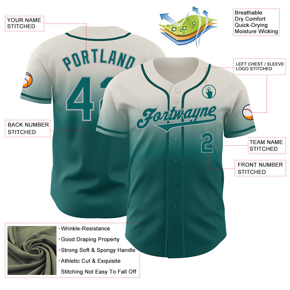 Custom Cream Teal-Gray Authentic Fade Fashion Baseball Jersey