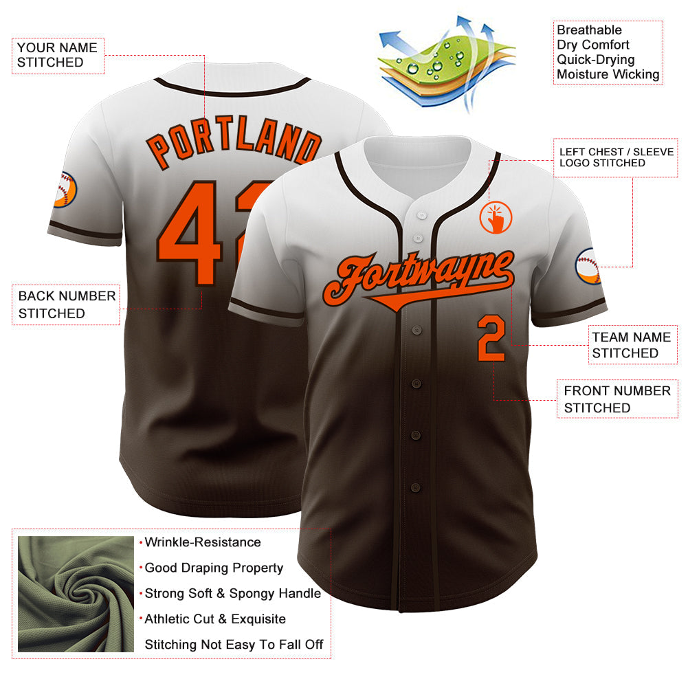 Custom White Orange-Brown Authentic Fade Fashion Baseball Jersey