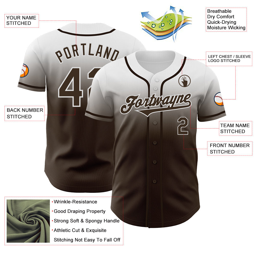 Custom White Brown Authentic Fade Fashion Baseball Jersey