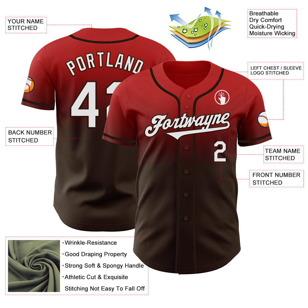Custom Red White-Brown Authentic Fade Fashion Baseball Jersey