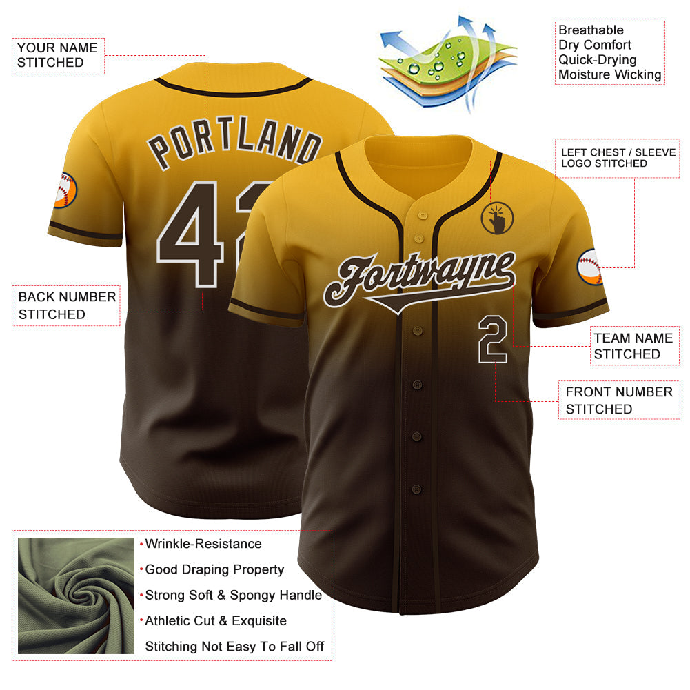Custom Gold Brown-White Authentic Fade Fashion Baseball Jersey