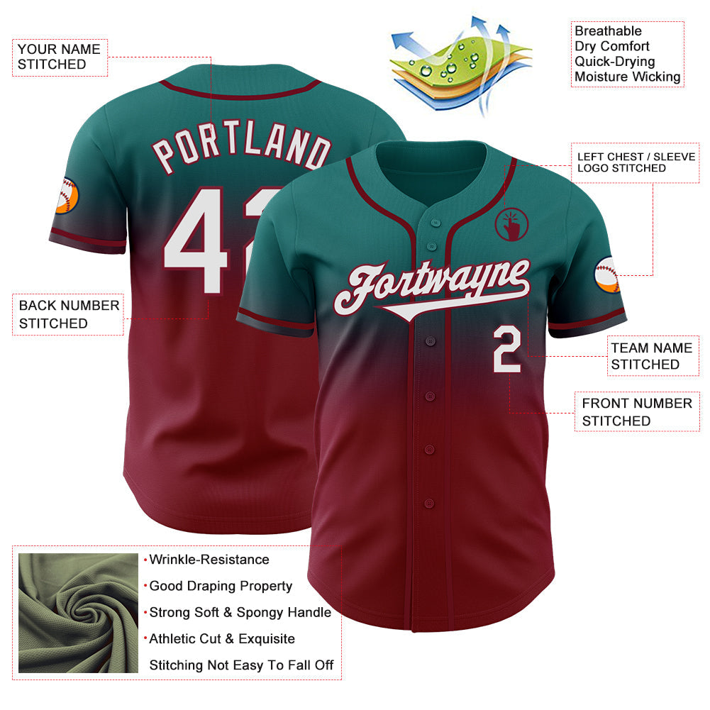 Custom Teal White-Crimson Authentic Fade Fashion Baseball Jersey