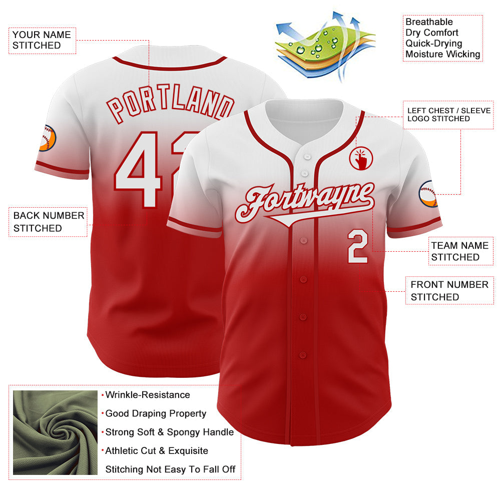 Custom White Red Authentic Fade Fashion Baseball Jersey