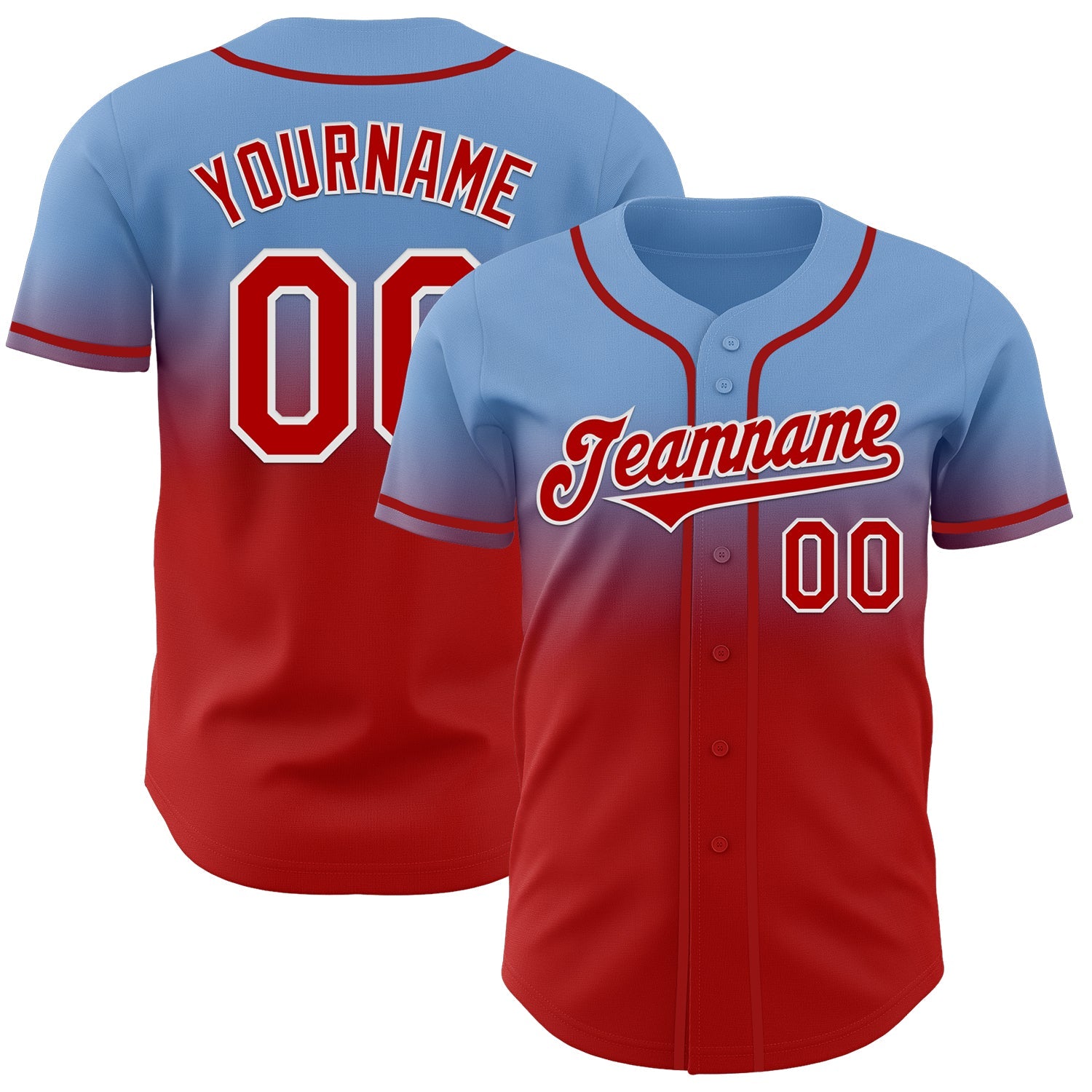 Custom Light Blue Red-White Authentic Fade Fashion Baseball Jersey